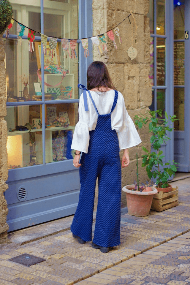  Salopette à liens jacquard viscose gouttes bleu