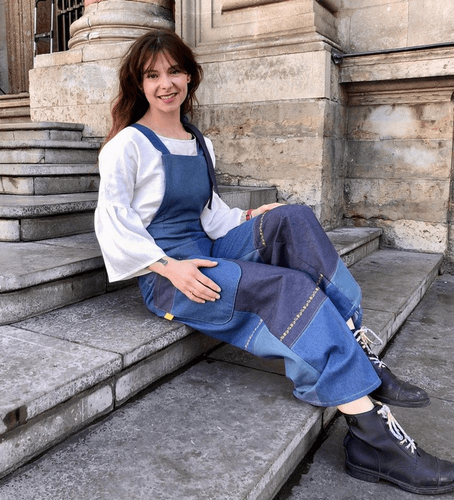  Salopette patchwork de jeans emeraude-bleus