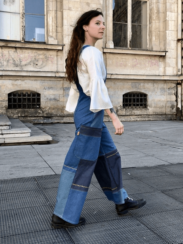  Salopette patchwork de jeans emeraude-bleus