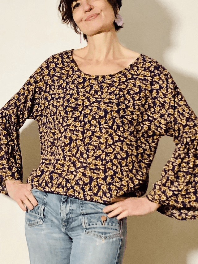Top  Folk viscose lurex  imprimé violet fleurs