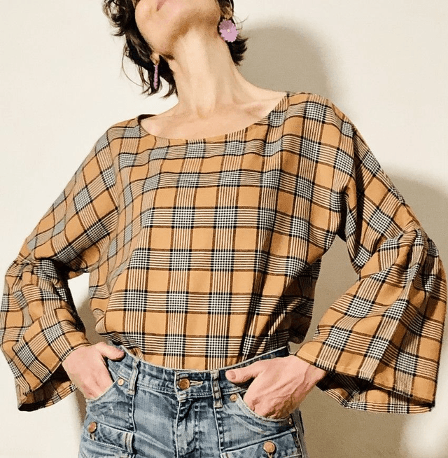 Top  Folk viscose imprimé carreaux beige