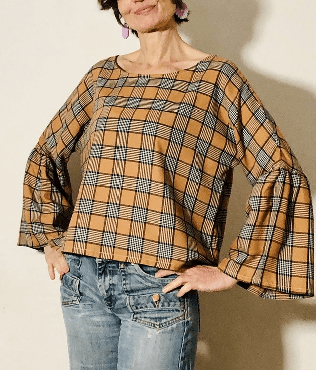Top  Folk viscose imprimé carreaux beige