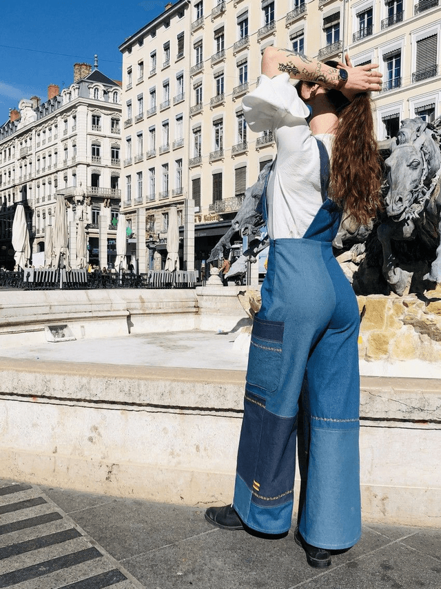  Salopette patchwork de jeans emeraude-bleus