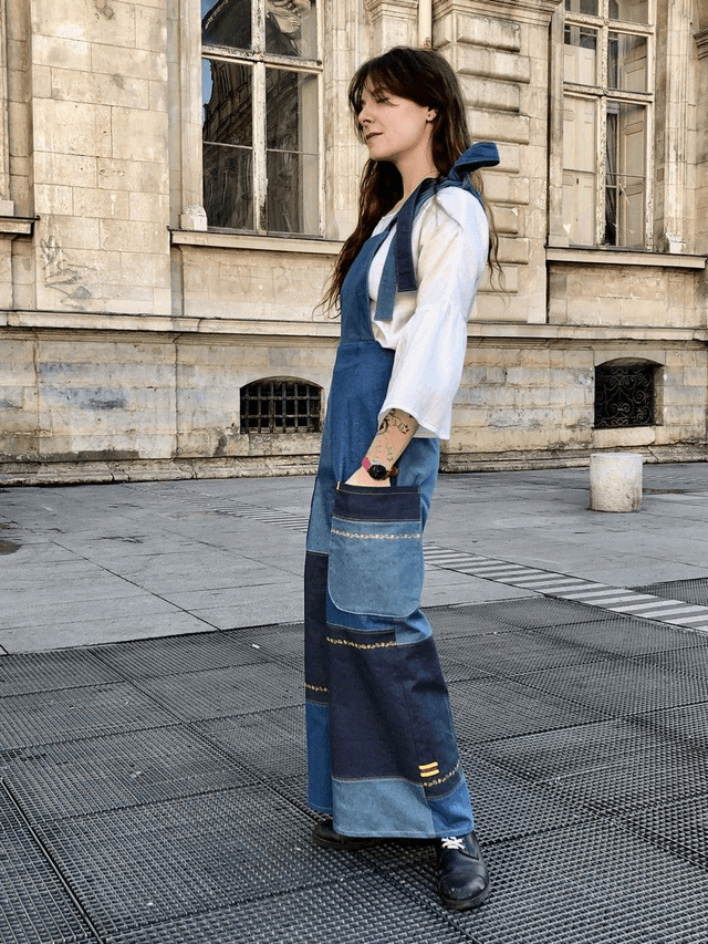  Salopette patchwork de jeans emeraude-bleus