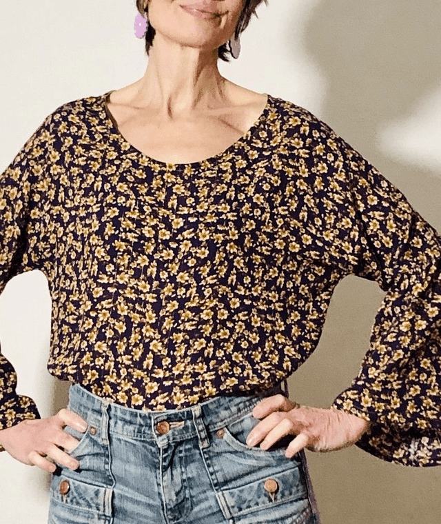 Top  Folk viscose lurex  imprimé violet fleurs