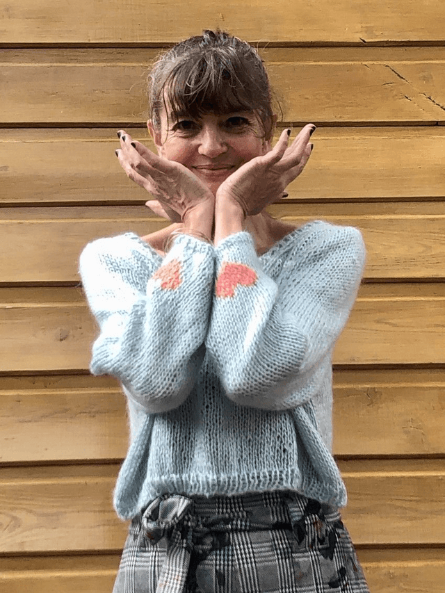 Pull mohair céladon et corail