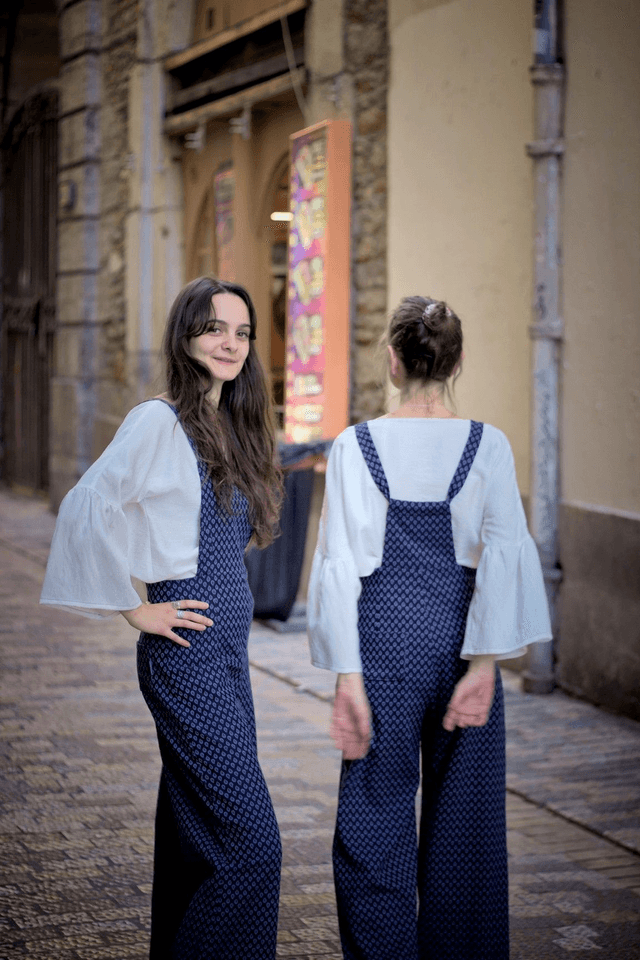  Salopette à liens jacquard viscose gouttes bleu