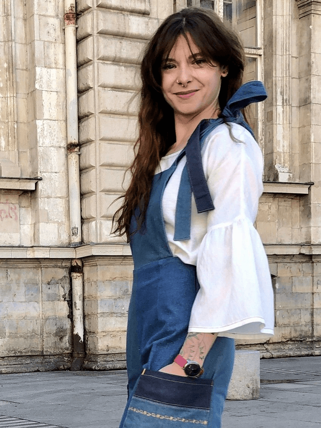  Salopette patchwork de jeans emeraude-bleus