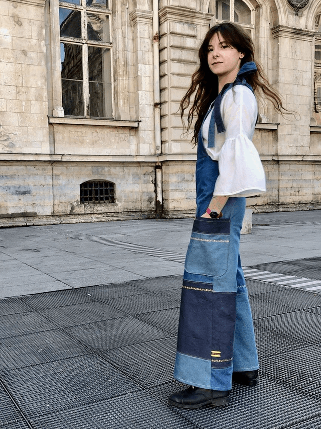  Salopette patchwork de jeans emeraude-bleus