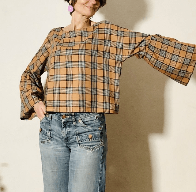 Top  Folk viscose imprimé carreaux beige