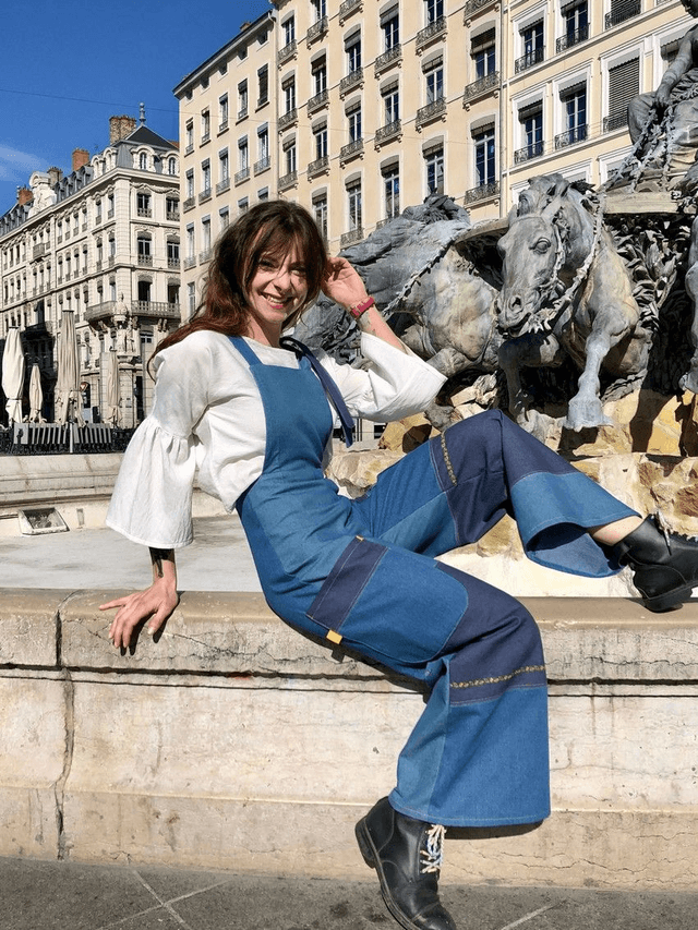  Salopette patchwork de jeans emeraude-bleus